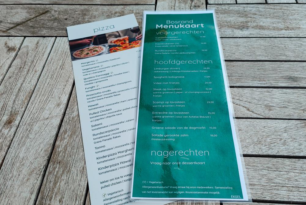 Menukaart van het restaurant, review Landal Park Eksel