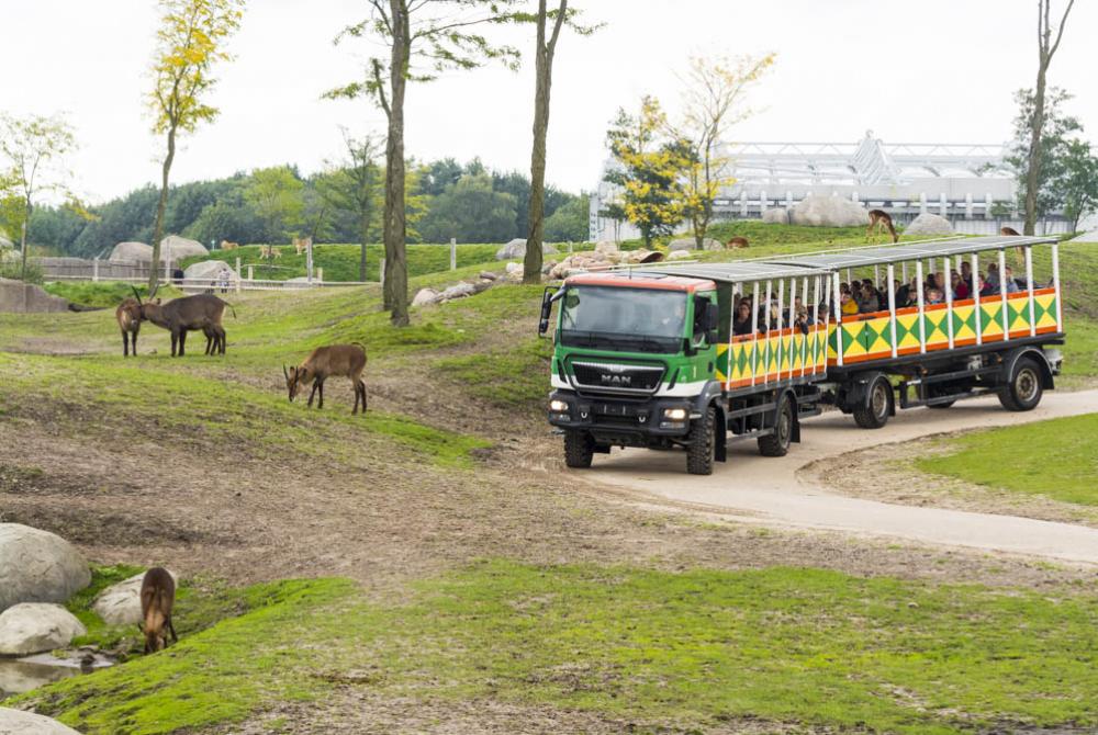 In het Wildlands Adventure Zoo kun je met een safaritruck een wereldreis maken